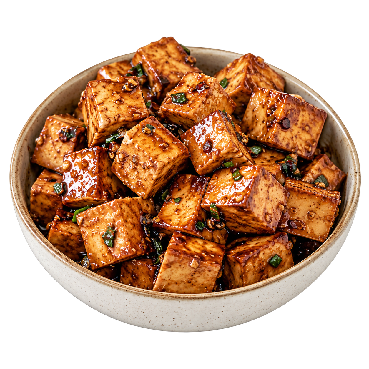 Marinované tofu kostky v misce vyříznuté na průhledném pozadí