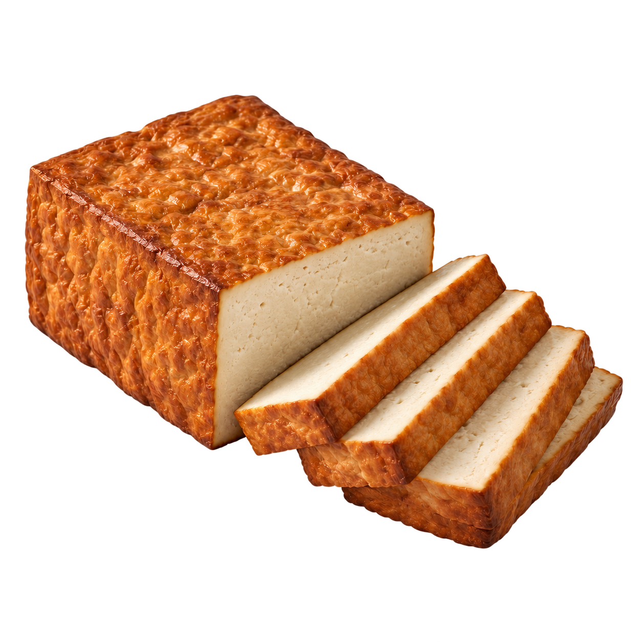 Blok nakrájeného uzeného tofu vyříznutý na průhledném pozadí