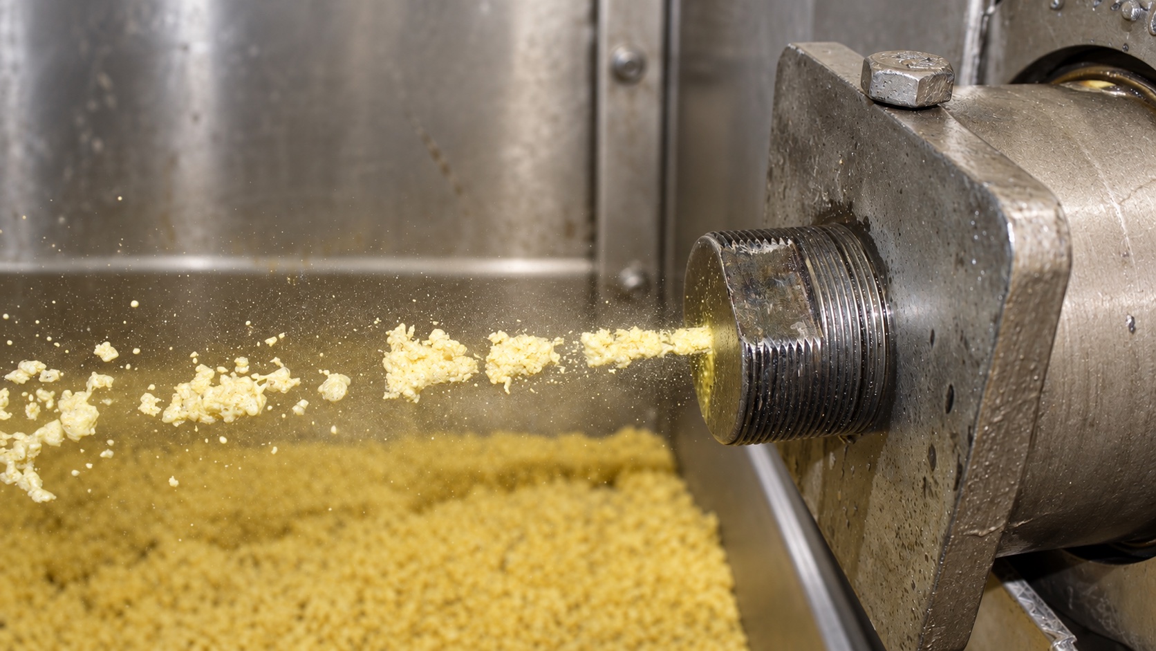 Tepelná extruze sójových bobů na průmyslovém zařízení z nerezové oceli