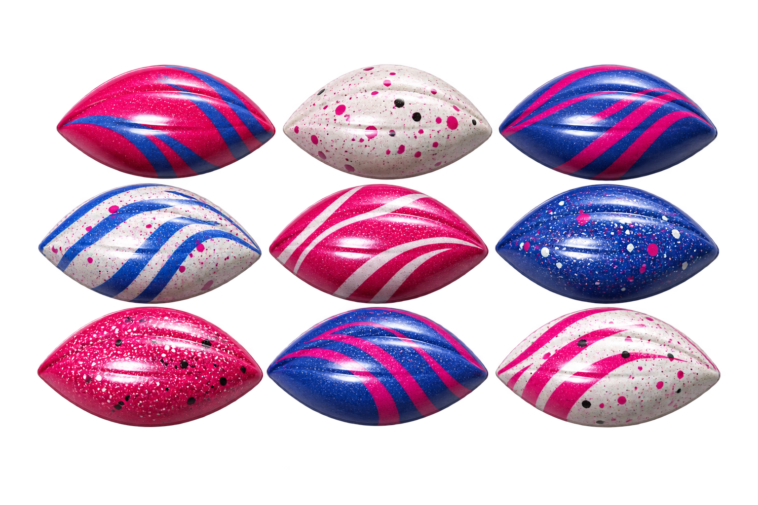 Nine glossy Bousin chocolates in fuchsia, cobalt blue and pearl white
